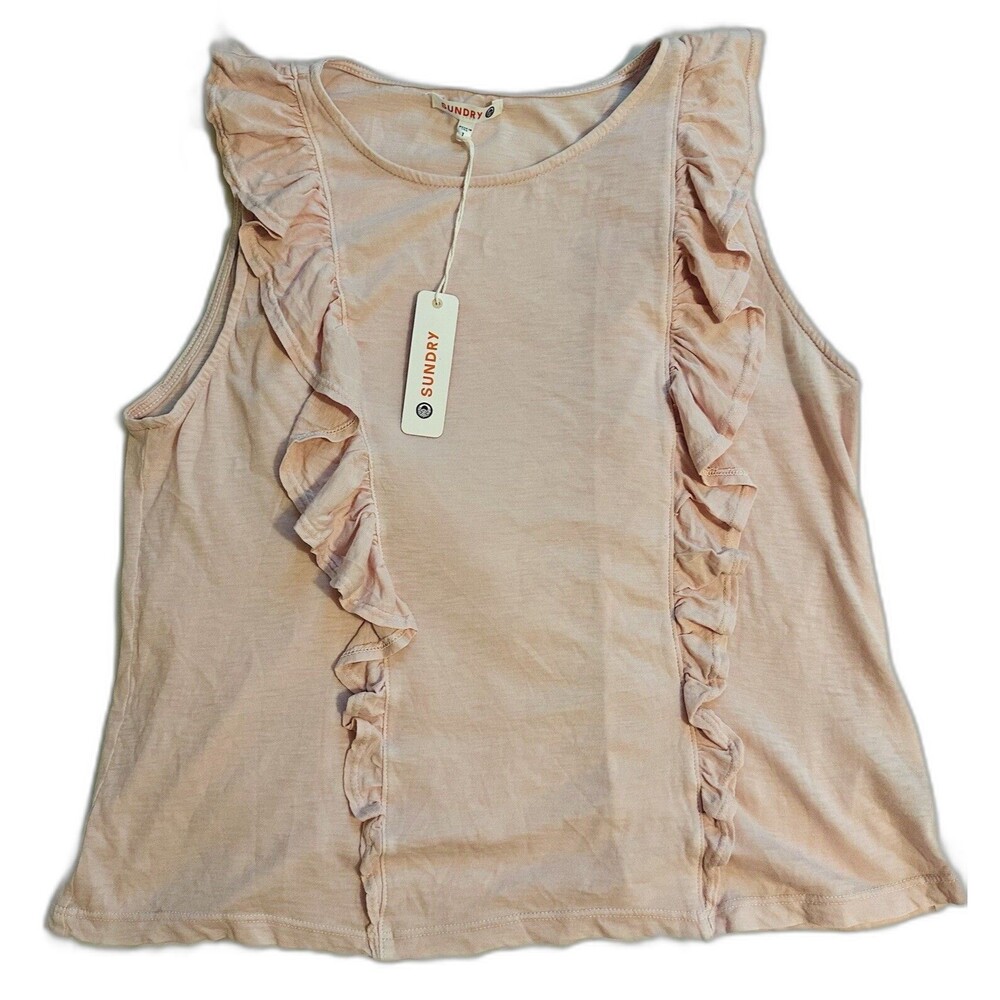 SUNDRY‎ Double Ruffle 100% Pima Cotton Pale Pink Tank Top Women's SMALL (1)